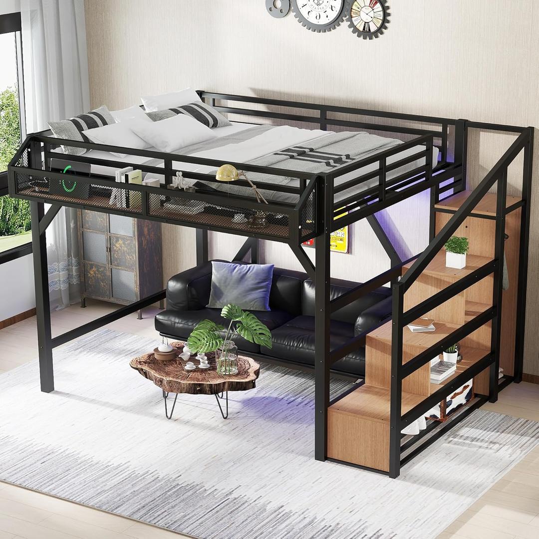 Bellemave Queen Loft Bed with Stairs and Wardrobe, Queen Size Loft Bed with Charging Station, Lights and Bedside Shelf, Heavy Duty Loft Bed Frame for Adults, Teens, Kids, Noise Free, Natural Wood