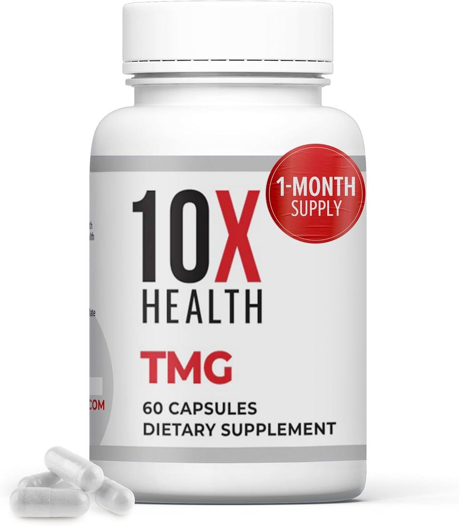 10X Health TMG Supplements - Trimethylglycine Supplement for Liver Support, Heart Wellness, Energy, Regulate Homocysteine Levels with Betaine Anhydrous - Non-GMO & Gluten-Free - 60 Capsules