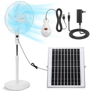 16 Inch Solar Oscillating Fan with Solar Panel and 5v Light Bulb, Floor Rechargeable Pedestal Standing Fan, 8800mah Battery, Two Charging Method, 3 Speed for Camping Home(White)