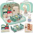 Dollhouse Kitchen Furniture Suitcase Set for Kids, 2 Flexible Dolls/Dining Tble/Kitchenware/Tableware/Refrigerator/Bread, Pretend Play Dollhouse Accessories Christmas Birthday Gift for Girls Ages 3+