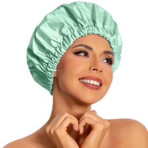Reusable Shower Cap for Women, Large Waterproof Shower Essentials Bonnet Washable Elastic Band Bath Hair Wrap Hat for Long Hair, Braids(Green Bean)