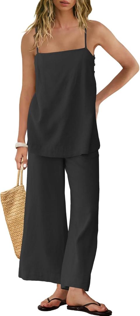 Panadila 2 Piece Linen Set Summer Travel Beach Vacation Outfit Sexy Spaghetti Strap Tank Top and Pants with Pockets (Small, Black)