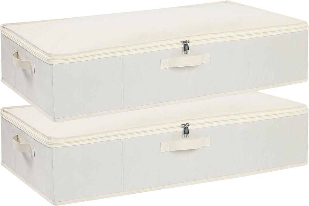 Under the Bed Storage Bins, Closet Organizers with Reinforced Handles for Blanket, Sheets, Pillows, Towels, Shoes, Beige, 2 Pack, 23.6 x 11.8 x 5.9 Inch