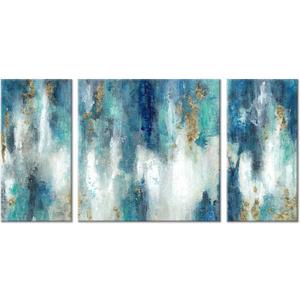 UTOP-art Abstract Canvas Wall Art Painting: Hand Painted Gold Foils Textured Blue Picture Artwork for Living Room (16'' x 32'' x 2PCS + 32'' x 32'' x 1PCS)