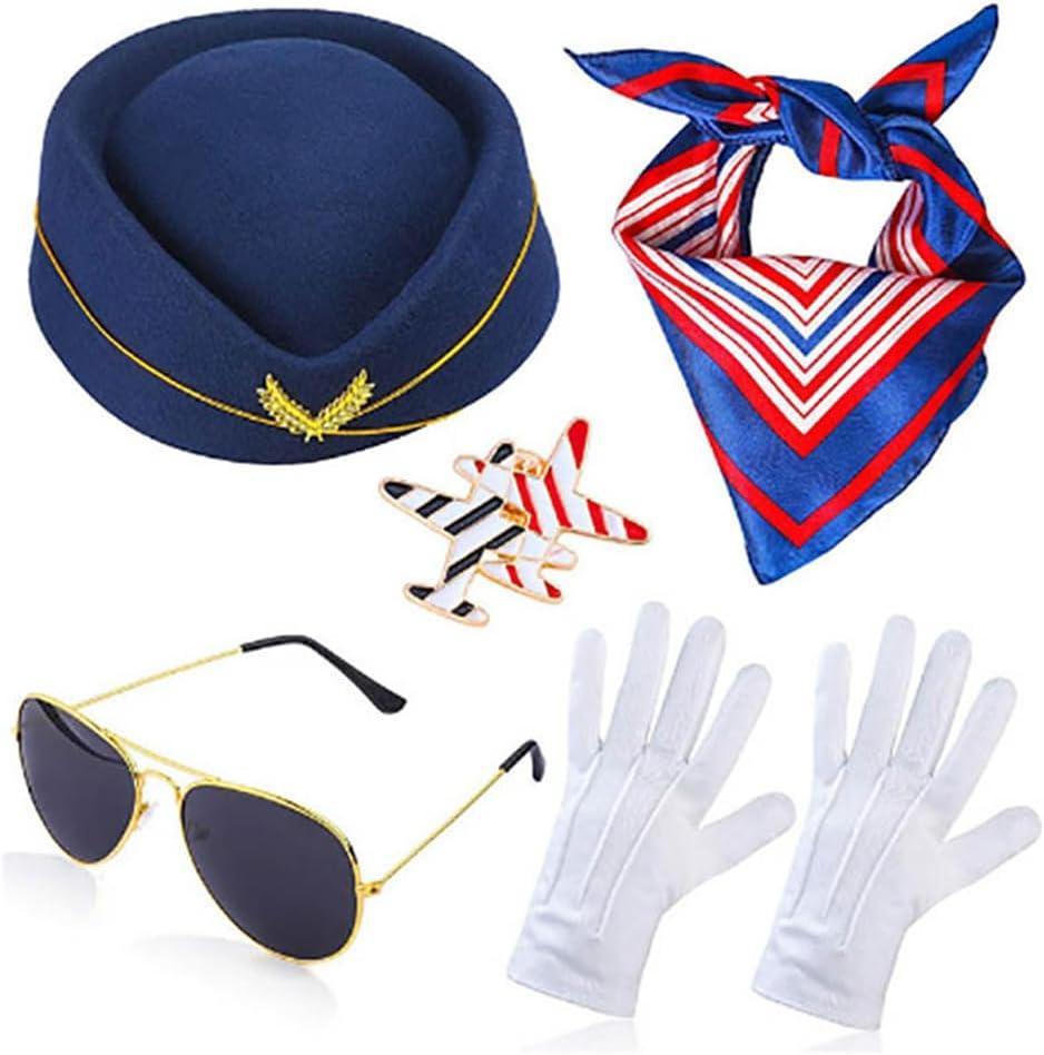 Flight Costume Set Beret Scarf White Gloves Sunglasses Airplane Pin Role Play Party Halloween Cosplay (Dark Blue)