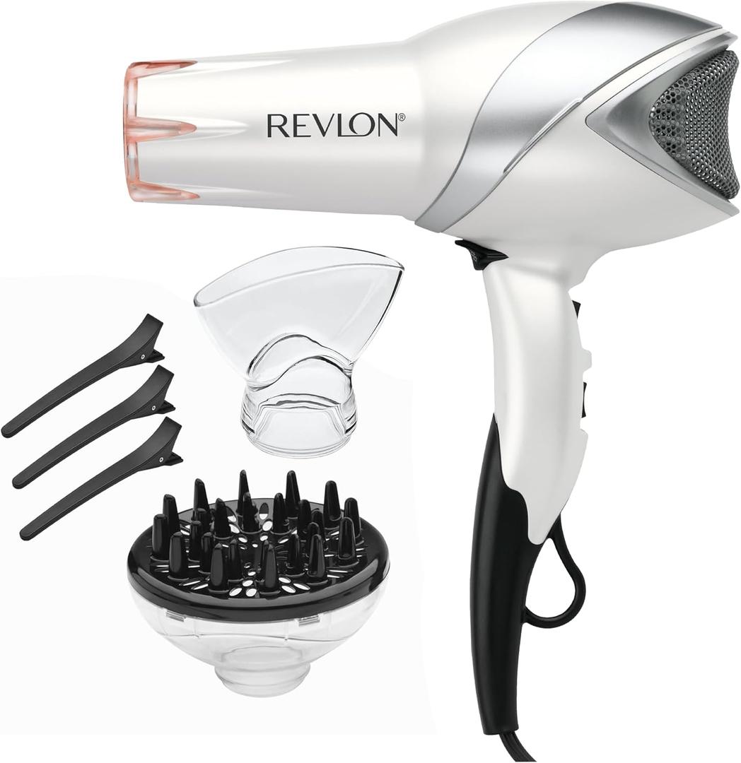 REVLON Infrared Hair Dryer with Diffuser - Ionic Blow Dryer, Diffuser, and Concentrator, Infrared Heat Technology to Prevent Over-Drying for Shiny, Soft Hair with Natural Moisture (White) (6 Piece Set)