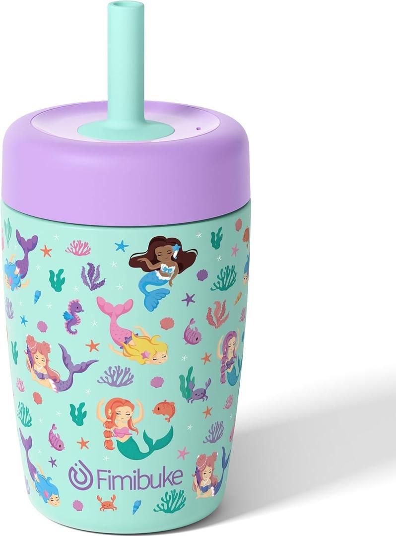 Fimibuke Kids & Toddler Cups Spill Proof, 12 OZ Insulated Sippy Cups for Toddlers Boys Girls, BPA-Free Toddler Straw Tumbler, Stainless Steel Kids Water Bottle with Twist Lids & Silicone Straw, 1 Pack (Mermaid)