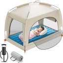 QPAU Inflatable Toddler Travel Bed with Tent  Lightweight Blow Up Kids Air Mattress with Hand Pump  Indoor & Outdoor Portable Sleeping Solution for Camping, Travel, Home, Grandmas  Ages 3+ (B-Khaki Blue)