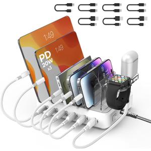 Charging Station for Multiple Devices,75W 6 Port Multi USB C Fast Charger Station with 7 Mixed Charging Cables,USB Charging Dock Compatible with iPhone, Samsung, iPad, Tablet and More