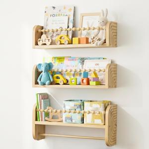 SAG's store Floating Nursery Shelves - Set of 3 Natural Wood Wall-Mounted Bookshelves for Kids Room, Baby Room, Nursery Decor - 15.7" Wide, Solid Wood Shelves for Books, Toys, and Decor Storage