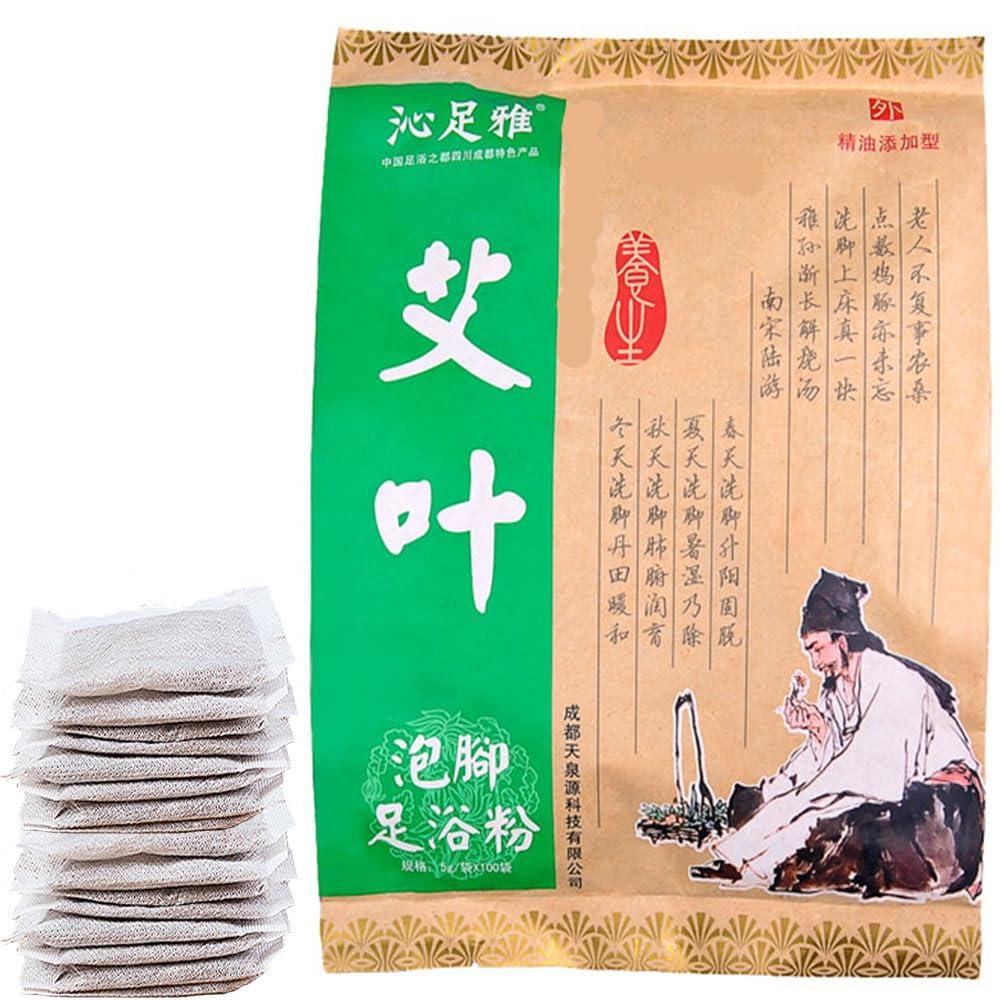 100Bags Mugwort Herb Foot Soak , Lymphatic Drainage Chinese Herbal Organic Wormwood Leg Foot Bath Bag, Chinese Herbal Foot Bath Spa Powder Kits Foot Reflexology Rela
