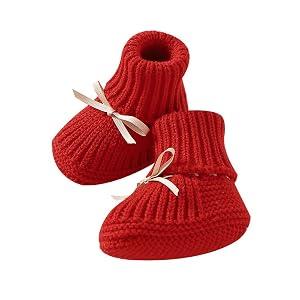 LAWKUL Baby Booties Christmas Newborn Babe First Walkers Crib Shoes Xmas Socks Crochet Boots for Infants Boys Girls Red 3-6M