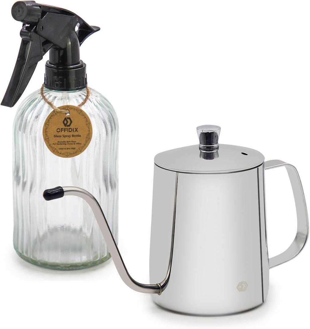 OFFIDIX Watering Can for Indoor Plants,Long Spout Metal Stainless Steel 21 oz Watering Can with 14 oz Glass Plant Mister Spray Bottle for House Plant Bonsai