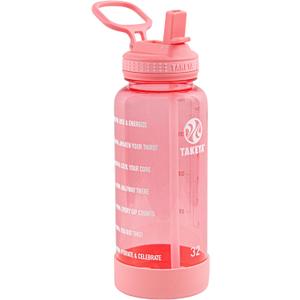 Takeya 32 oz Motivational Water Bottle with Straw Lid with Time Marker, Premium Quality BPA Free Tritan Plastic, Flutter Pink