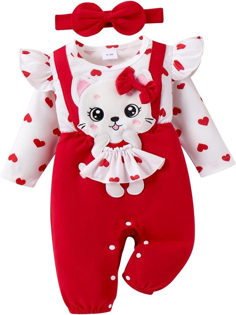 Baby Girl Clothes Newborn Romper Cute Cat Ruffled Long Sleeve Love Fall Winter Outfits with Bow Headband, Size 9-12 Months