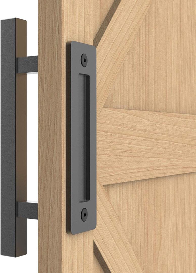 12" Sliding Barn Door Handle Pull and Flush Hardware Set, for Barn Door Gates Garages Sheds, Rustic Style, Black Square
