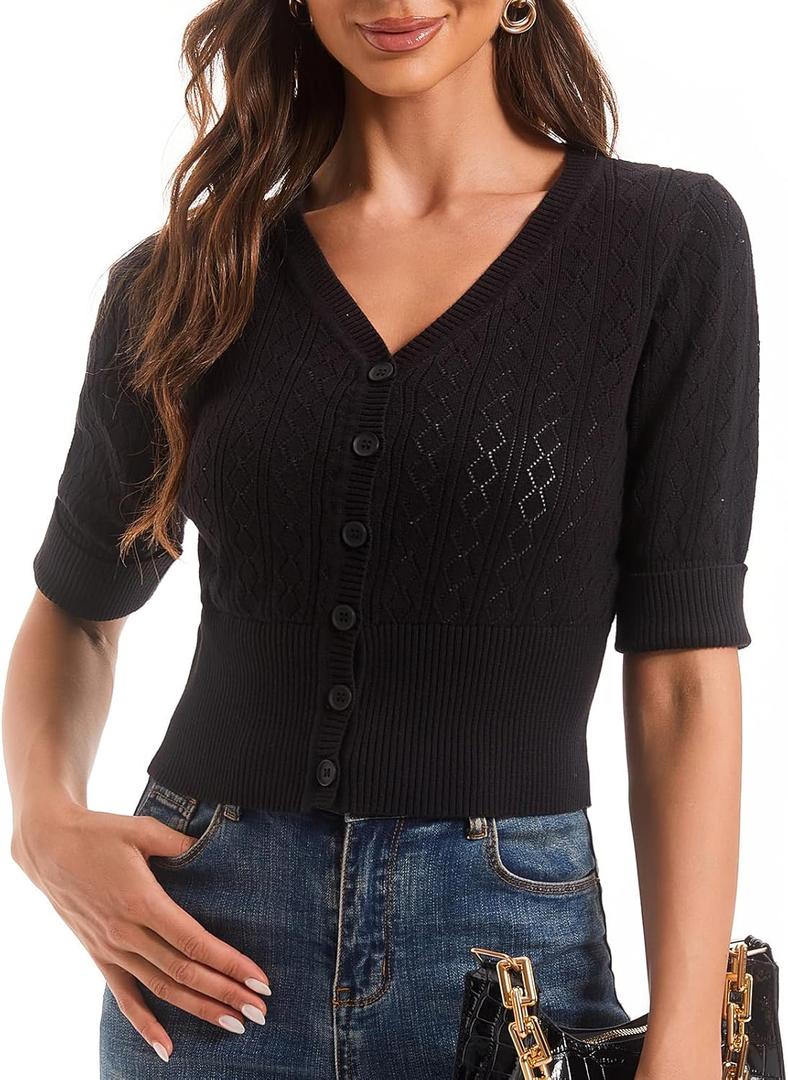 Women's Cotton Cropped Cardigan, Soft Short Sleeve V-Neck Casual Lightweight Cover Up Knit Sweater for Dresses (Black, XXXL)