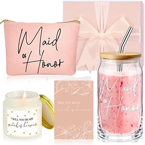 Maid of Honor Bridesmaid Proposal Gifts Box Includes Bridesmaid Glasses Maid of Honor Candle Makeup Bag Sage Wedding Invitation Cards for Bridal Party Favors