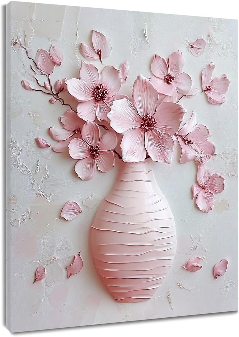 LB Pink Floral Wall Art for Bathroom Garden Plant Pink Cherry Blossom Flower Canvas Wall Art Wall Paintings Home Decor Vintage Wall Pictures for Living Room Bedroom Office Ready To Hang,16x20 Inch