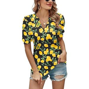 Romanstii Women Casual V-Neck T-Shirts Loose Puff Short Sleeve Tops Tunic Blouses L, Black & Lemon Pattern