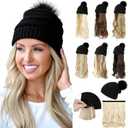 Qlenkay Beanie Hat with Long Wavy Curly Hair Extensions Black Knit Cap Attached 20inch Synthetic Wig Detachable Hairpiece Warm Pom for Women Winter Ginger Blonde Mix Bleach Blonde