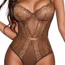 Avidlove Women Lingerie Bodysuit Lace Teddy Snap Crotch One Piece Underwire Babydoll (Brown, L)