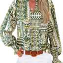 MASCOMODA Womens V Neck Floral Long Sleeve Tops 2025 Summer Casual Loose Puff Sleeve Chiffon Boho Work Blouse Dressy T Shirts (Small, Floral Grass Green)