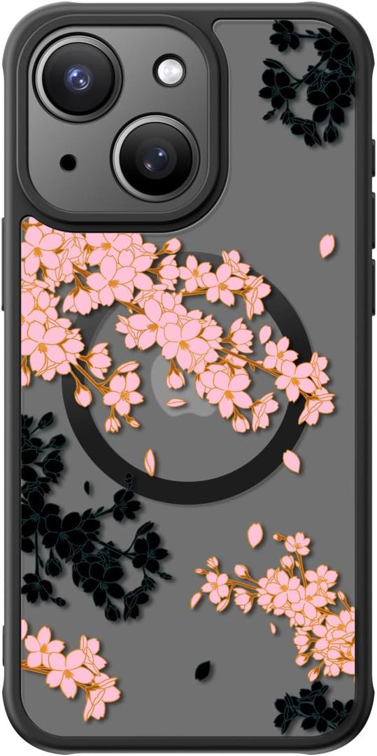 FUNMIKO for iPhone 15 Case Wireless Charging & Military-Grade Protection - Cute Floral Design for Women Girls, Non-Slip Matte Cover with Shockproof Corners - Black and Pink Cherry Blossoms