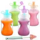 Silicone Reusable Baby Food Pouches with Straws, 8 Pack Leakproof Refillable Squeeze Pouches, Dishwasher, Freezer, Microwave Safe, 5OZ Baby Food Storage for Homemade Puree, Yogurt