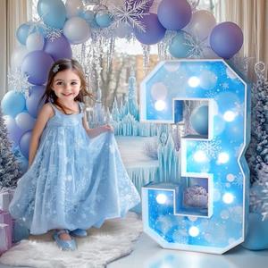Winter Onederland 3rd Birthday Decorations: Girl Marquee Numbers 3 Feet Tall Large Frozen Wonderland Balloon Blue Snowflake Christmas Party Decor Backdrop 3FT Light Up Number 3