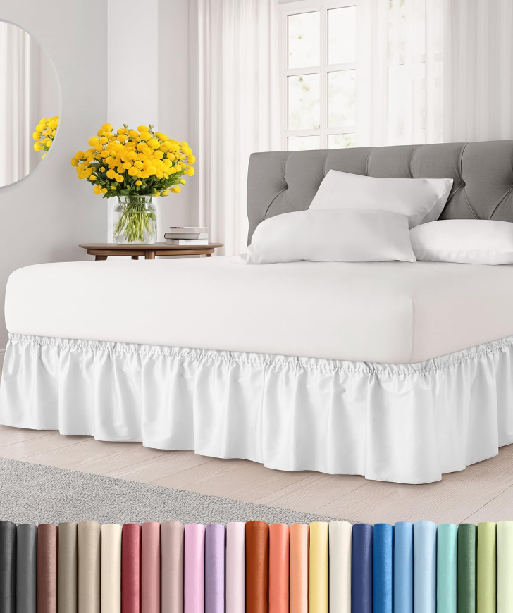 Wrap Around Dust Ruffle Bed Skirt  White  for Queen Size Beds with 12 Inch Drop  Easy Fit Elastic Strap  Adjustable Pleated Bedskirt w/Brushed Fabric  Wrinkle Free  for Women, Men, Kids & Teens