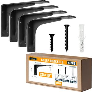 ALBO 20" Heavy Duty Countertop Support Brackets 4PCS, 400 lb 5 mm Steel – Hidden Floating Shelf Corbel | Matte Black Powder-Coated L Brackets Incl Screws & Anchors for Quartz Granite Wood Concrete