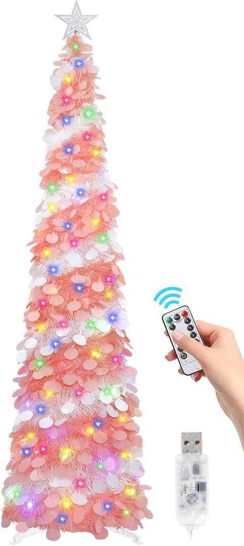SINTENILL 6 FT Pop Up Christmas Tree with 100 LED Timer Lights & Remote, Pink White Collapsible Christmas Tinsel Tree Artificial Pencil Tree Xmas Decor for Holiday Home Office Party, USB Powered