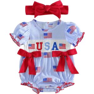 4th of July Baby Girl Outfit American Flag Romper USA Smocked Bubble Jumpsuit with Bow Headband Patriotic Clothes