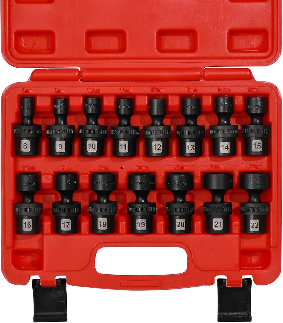 Mayouko 15PCS 3/8" Drive Shallow Universal Impact Socket Set, 6 Point, Metric, 8-22mm, 15-Piece Swivel Socket Set, Metric Flexible Wobble Sockets, CR-MO Steel