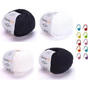 4 Balls Different Color Cotton Yarn Pack & 10pcs Stitch Markers, Soft Yarn for Knitting & Crochet - 50gr / 175yds Each Ball - (2) Sport, Fine Weight Yarn for Amigurumi (H02 - Black & White)