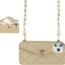 UnnFiko Wallet Case Compatible with iPhone 12 Pro, Cute Light Luxury Bag Design, Purse Flip Card Pouch Cover Soft Silicone Case with Handstrap Long Shoulder Strap (Khaki, iPhone 12 Pro)