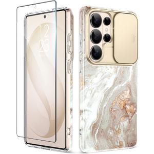 GVIEWIN for Samsung Galaxy S26 Ultra Case with Slide Camera Cover, [Screen Protector] [Shockproof Military Grade Drop Protection] Marble Slim Fit Hard PC Phone Cover S26 Ultra 6.9" 2026 (Pearlescent)