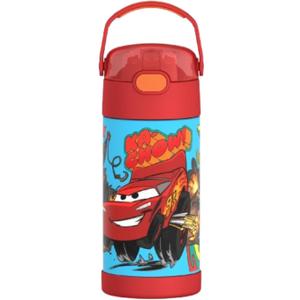THERMOS FUNTAINER Water Bottle with Straw - 12 Ounce - Kids Stainless Steel Vacuum Insulated Water Bottle with Lid, Cars