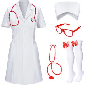 TOKYO REVENGERS Women 5Pcs Halloween Nurse Costume Set Doctor Outfit Lab Coat Nurse Hat Cosplay Party Costume With Accessories(WT S)