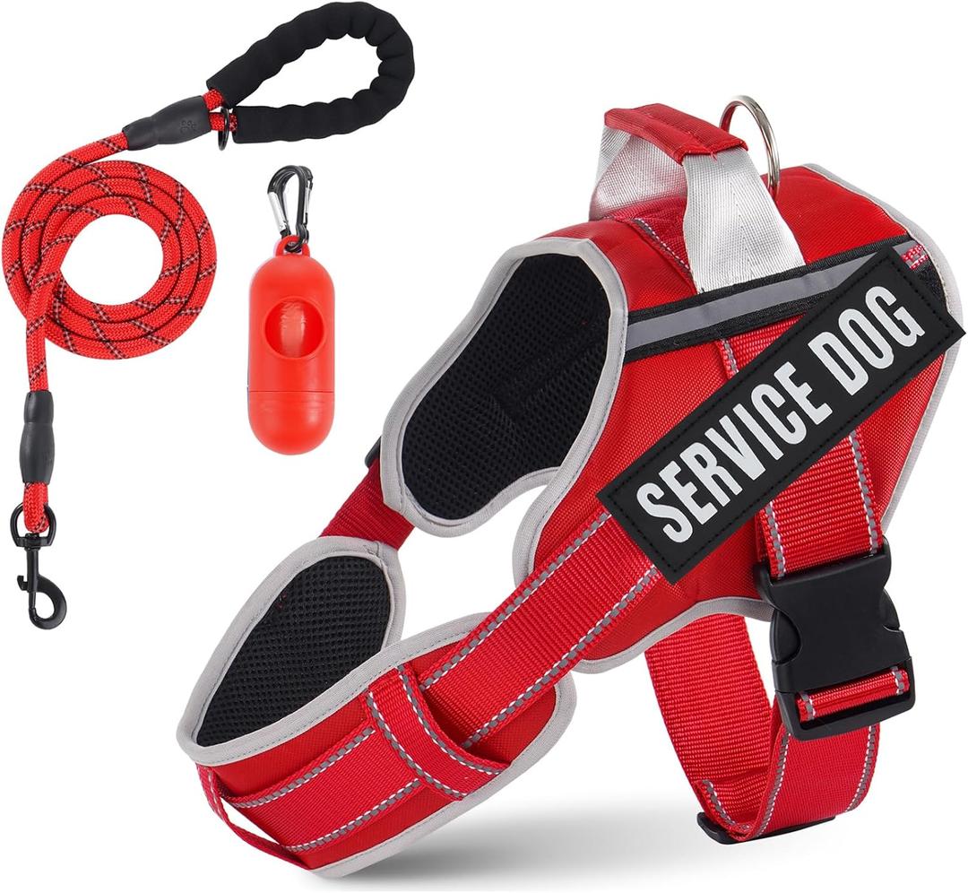 Neck Padded Dog Vest Harness and Leash Set, No Pull Adjustable Service Pet Harness with 8 Dog Patches, Reflective in Training Easy Control Pet Vest with 5ft Dog Leash for Medium & Large Dogs (Red) Neck Padded Dog Vest Harness and Leash Set, No Pull Adjustable Service Pet Harness with 8 Dog Patches, Reflective in Training Easy Control Pet Vest with 5ft Dog Leash for Medium & Large Dogs (Red)