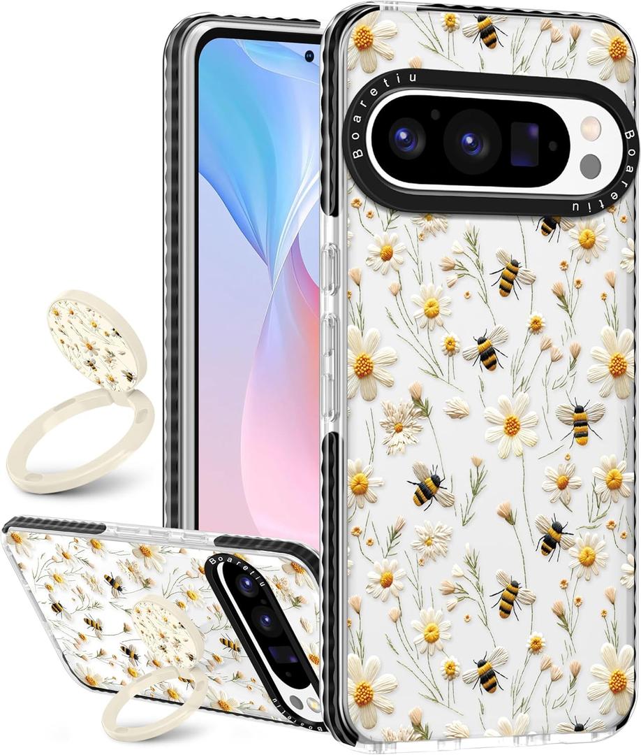 Boaretiu Cute Kawaii Case for Google Pixel 9Pro XL Phone Case with Kickstand - Fashion 360 Sticky Rotate Ring Holder Design for Women Girls Girly for Google Pixel 9Pro XL Case, Flower Honey
