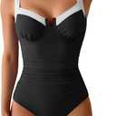 B2prity Women's Underwire One Piece Swimsuits Tummy Control Bathing Suits Push Up Swim Suit Color Block Swimwear (Medium, Black, White)