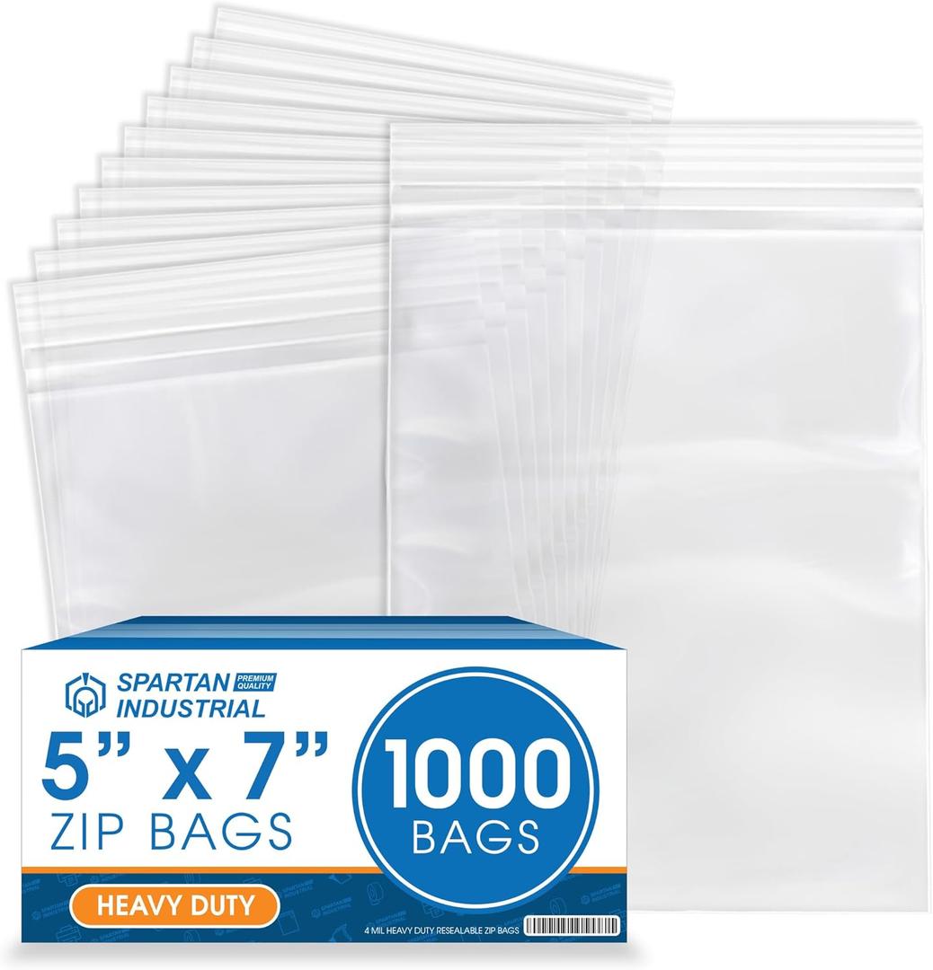 Spartan Industrial - 5 X 7 (1000 Count) Thick 4 Mil Clear Reclosable Zip Plastic Poly Bags with Resealable Lock Seal Zipper - Heavy Duty and Durable