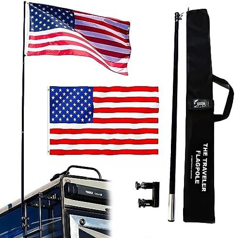 The Traveler RV Ladder Flag Pole Kit. Includes Steel RV Flagpole Mount, Fits Standard 1" RV Ladders, 11ft Fiberglass Retractable Pole, A Beautiful 3'x5' US Flag And A Storage Bag