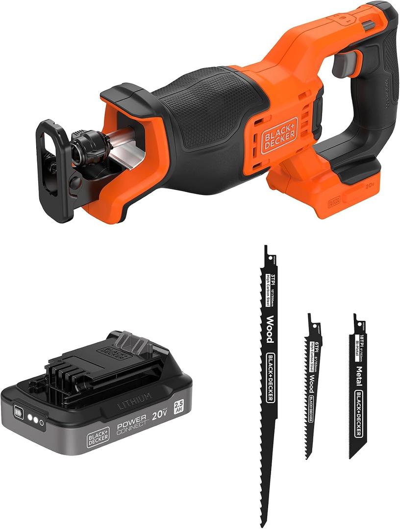 BLACK+DECKER 20V MAX Brushless Cordless Reciprocating Saw Kit with 2.5Ah Battery and Charger, Includes Three Blades for Wood and Metal, Long Runtime Up to 33 Cuts Per Charge, PowerConnect (BLRS78E1)