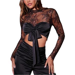 SweatyRocks Women's Floral Lace Tie Knot Sheer Blouse Long Sleeve Slim Fitted Crop Tops (Black), L SweatyRocks Women's Floral Lace Tie Knot Sheer Blouse Long Sleeve Slim Fitted Crop Tops (Black), L