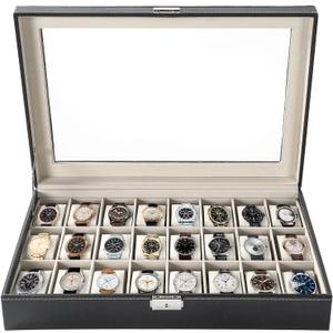 24 Slots Watch Box | Watch Case Display Organizer, Watch Display Case Glass Top for Men Women PU Leather Display Storage Collection Organizer Jewelry Case with Removable Pillows