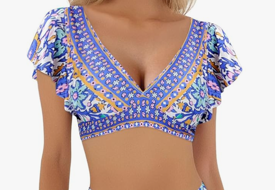 Boho Bathing for Women V Neck Ruffle Trim Beach Vacation  Summer Casual Lightweight Travel Swimsuit L