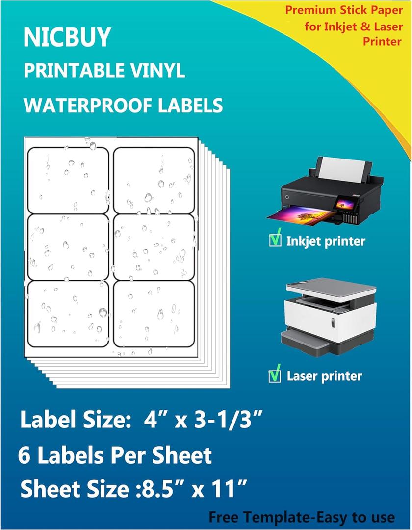 90 Printable White Glossy Waterproof Vinyl Bottle Labels, Inkjet & Laser Compatible, 4 x 3-1/3 Inch